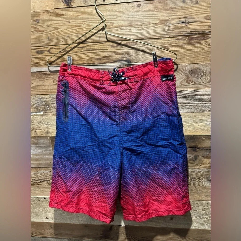 Body Glove boys XL/18 men small red blue zipper pocket board shorts beach swim